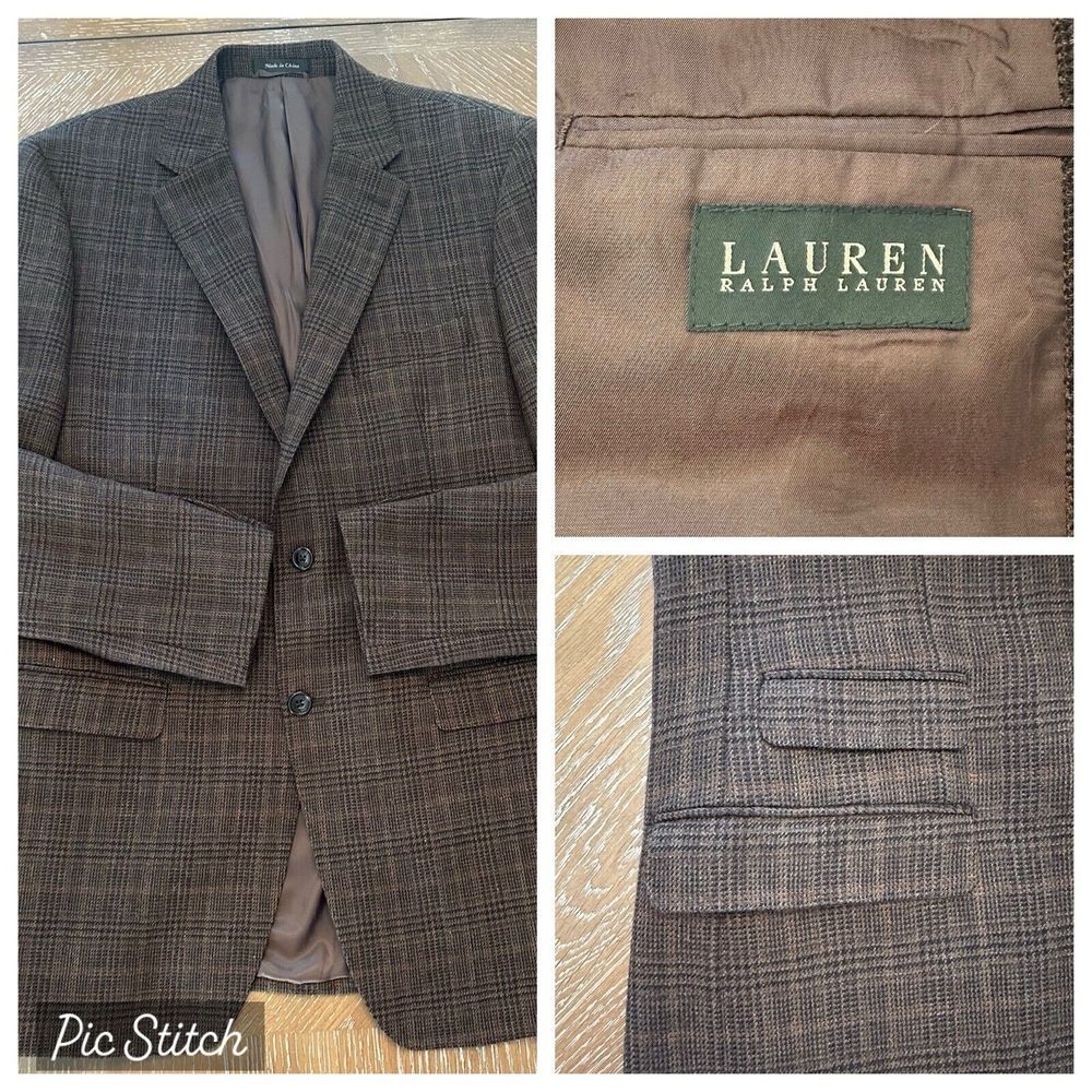 Lauren Ralph Lauren 42L BROWN 100% Wool Sport Coat Blazer Jacket Plaid EXCELLENT